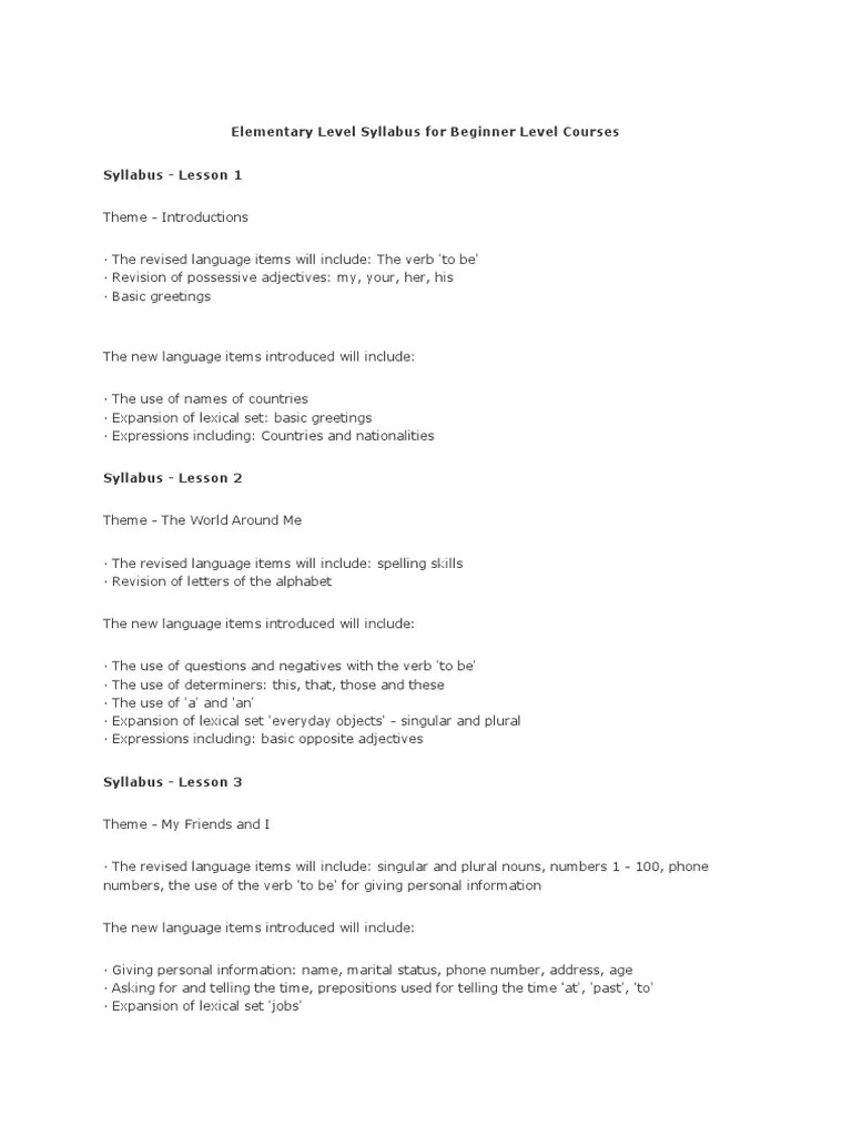 elementary level syllabus for beginner level courses