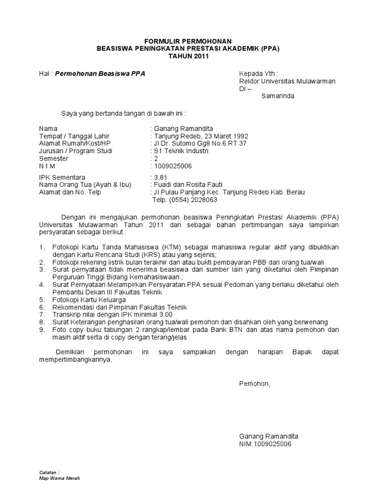 surat pernyataan tidak sedang menerima beasiswa dari lpsdm aceh. Form Permohonan Beasiswa Ppa Pdf
