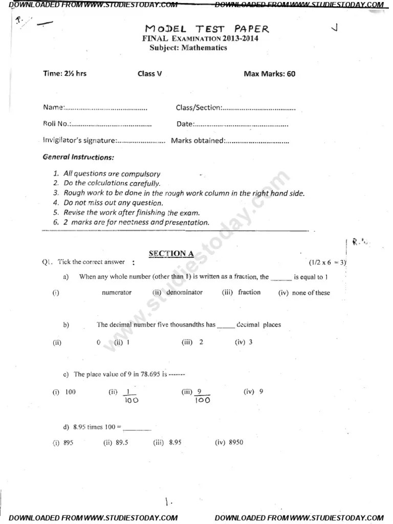 cbse class 5 maths model test paper 1pdf fraction mathematics