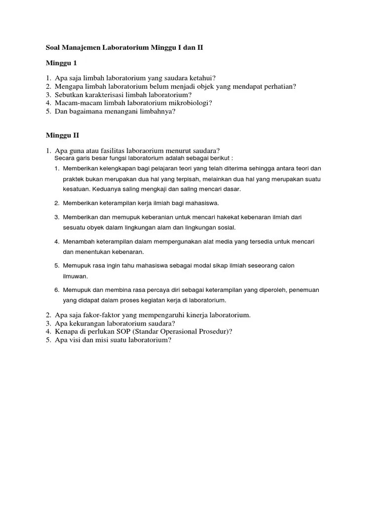 Validasi dilakukan dalam tiga tahap yaitu tahap pertama, siswa diminta untuk mengerjakan soal mengenai prosedur keselamatan kerja di laboratorium. Soal Manajemen Laboratorium Minggu I Dan Ii Pdf