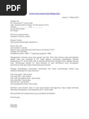 Guna indah jalan jendral sudirman nomor 141/02 jakarta 10110 . Contoh Surat Lamaran Kerja Sebagai Sopir Pdf