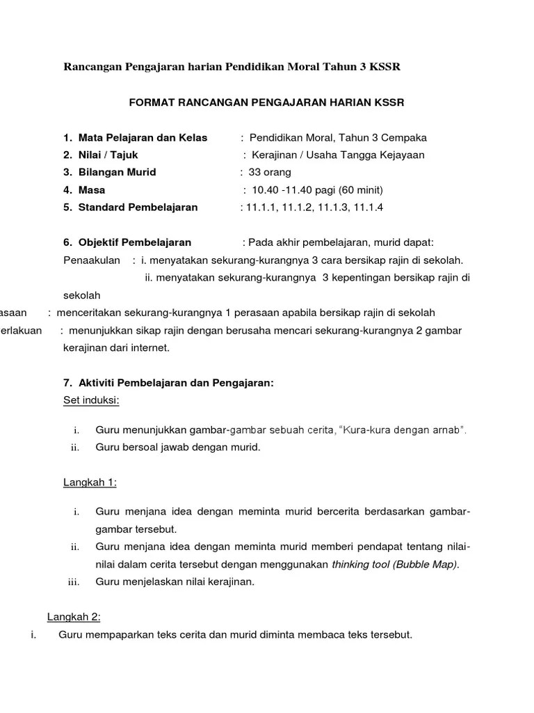 Rancangan pengajaran harian pendidikan moral tahun 4 tarikh masa kelas nilai utama baik hati tajuk . Rancangan Pengajaran Harian Pendidikan Moral Tahun 3 Kssr Pdf