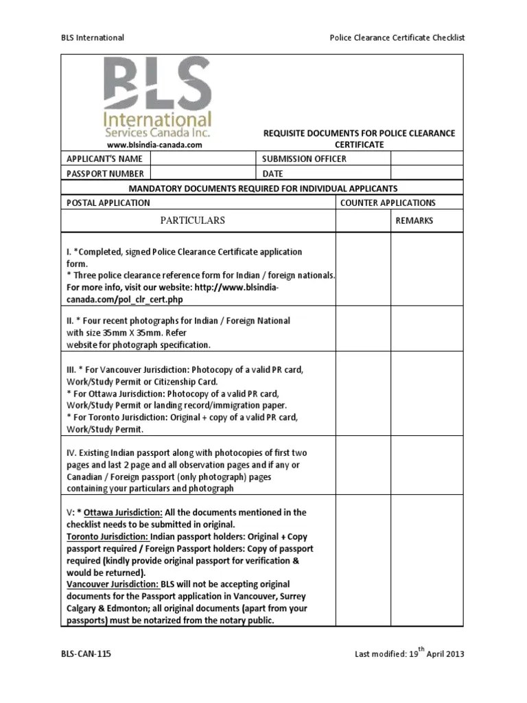 Notarize your documents in minutes w/ pdffiller. Bls Can 115 Police Clearance Certificate Checklist Passport Notary Public
