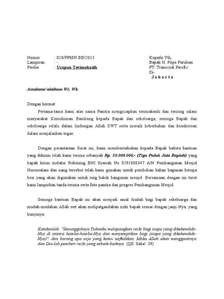 Berikut ini adalah contoh surat dalam bahasa inggris yang berisi ucapan terima kasih untuk kedua orangtua yang bisa menjadi bahan referensi untuk menulis . Ucapan Terima Kasih Atas Bantuan Dana Pdf