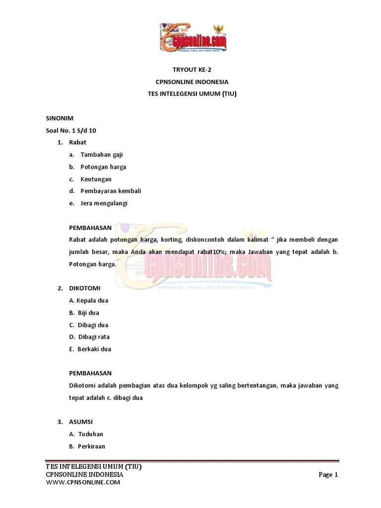 Berikut soal tes intelegensi umum ( . Tryout Ke 2 Jawaban Tiu Pdf