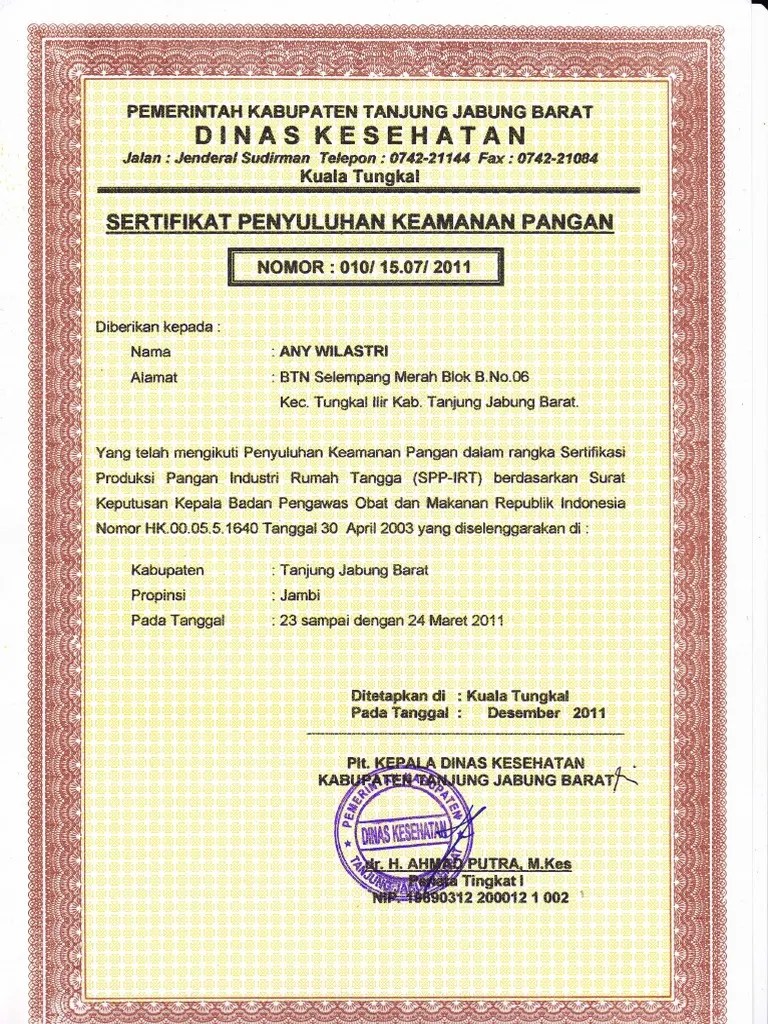 Sertifikat Penyuluhan Keamanan Pangan | PDF