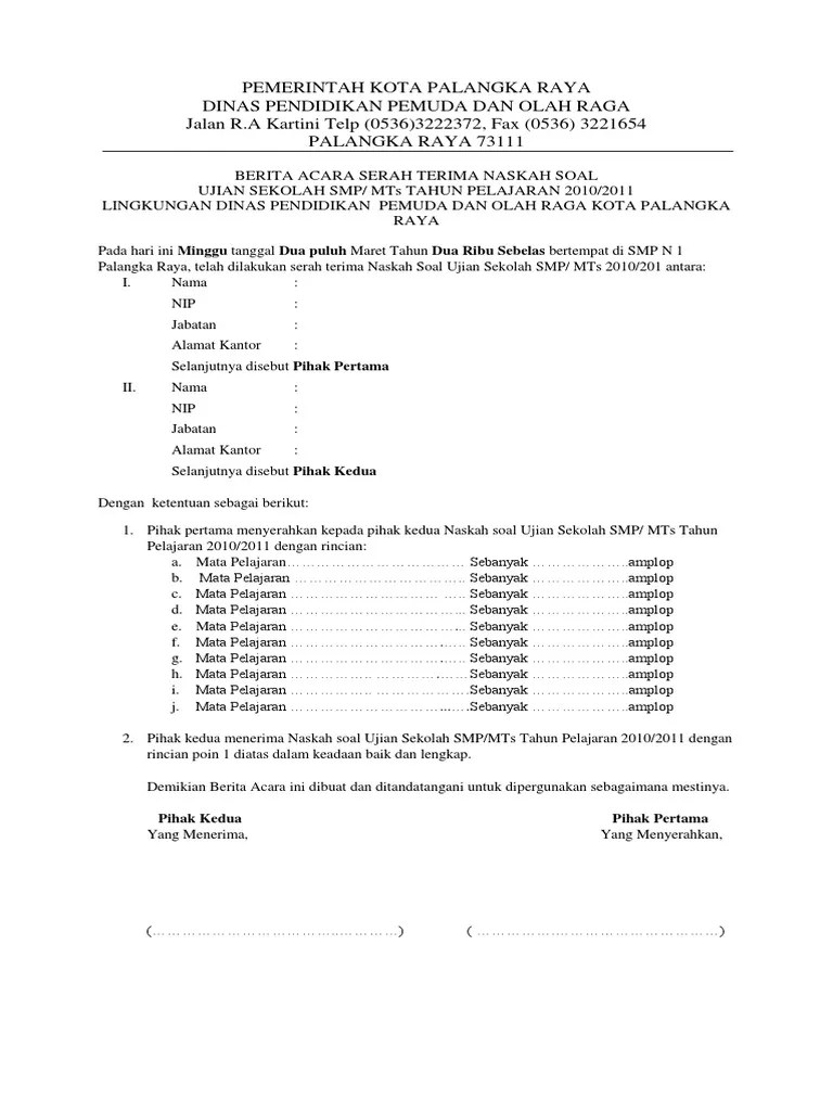 Contoh berita acara serah terima naskah soal usbn sd/mi tahun 2020. Berita Acara Serah Terima Soal Us Pdf