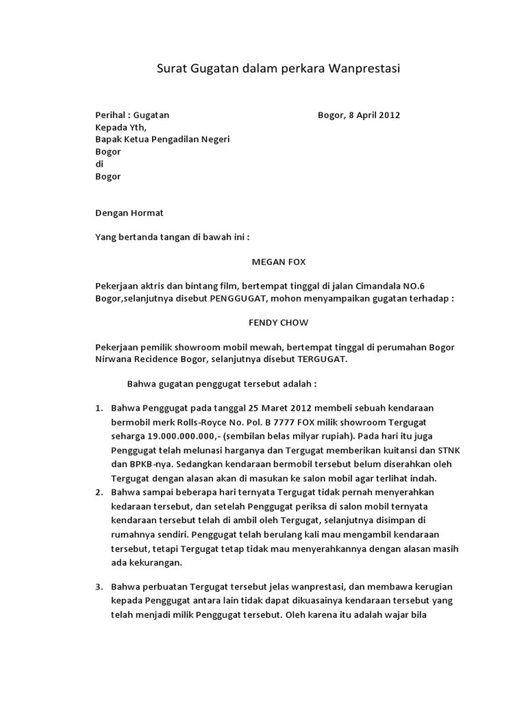 Surat Gugatan Dalam Perkara Wanprestasi - Docx | PDF