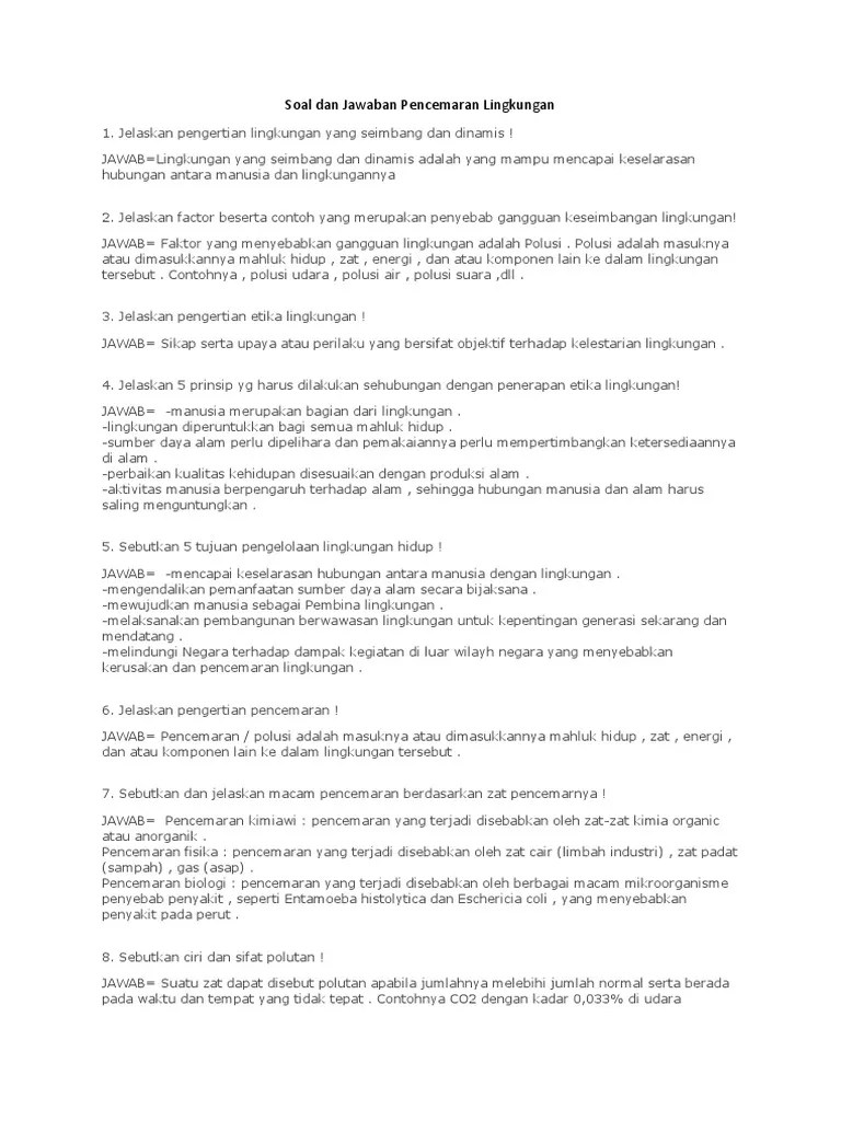 Soal Essay Dan Jawaban Tentang Lingkungan Hidup – Pigura