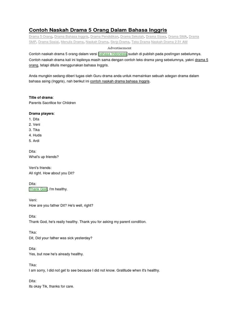 Contoh teks drama untuk 6 orang dalam bahasa inggris bagi anda yang sedang mencari referensi . Contoh Naskah Drama 5 Orang Dalam Bahasa Inggris Pdf