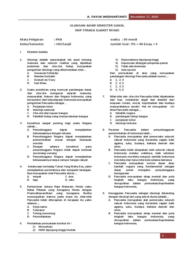 Bahkan prediksi soal dan kunci jawaban uts lengkap semua pelajaran kelas 8 smpmts semester 2 terbaru yang kami hadirkan berasal dari. Latihan Soal Pkn Kelas Viii Pdf