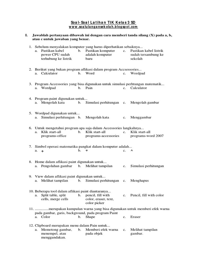 Latihan soal pts pai kelas 1 sd semester 1 nilai langsung. Soal Latihan Latihan Uts Tik Kelas 3 Sd Pdf