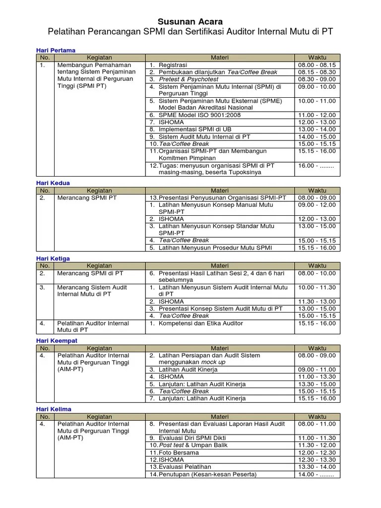 Susunan Acara Pelatihan SPMI | PDF