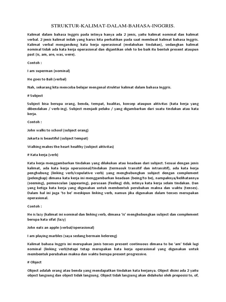 Kata bisa diartikan sebagai elemen terkecil dalam bahasa. Struktur Kalimat Dalam Bahasa Inggris Pdf
