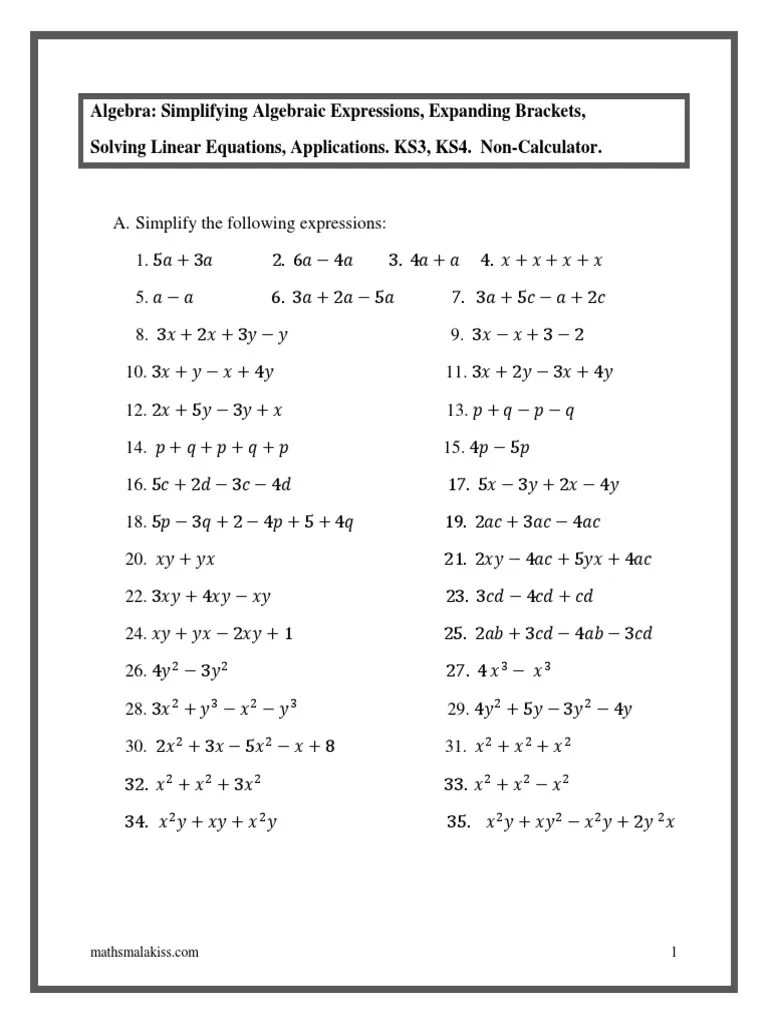 ks3 algebra worksheet