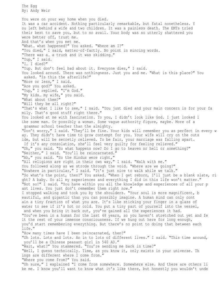 I doubt he had any idea the movement that it would engender. The Egg Andy Weir Pdf Religious Belief And Doctrine Religion And Belief