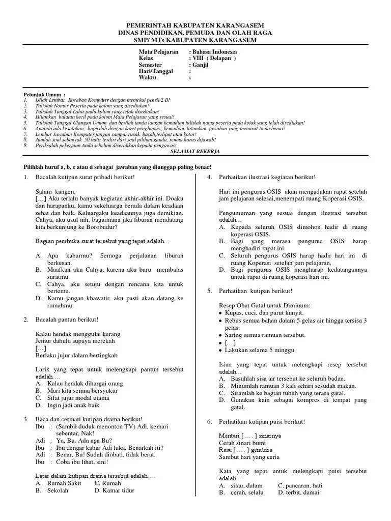 Saya mau mencari tas yang bagus? Soal Ujian Bahasa Indonesia Kelas VIII SMP Semester Ganjil