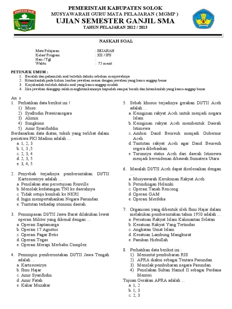 Contoh soal sejarah kelas 12 (xii) sma/ma/stm dan smk semester 1 & 2 pg dan. Soal Mid Sejarah Kelas Xii Ips Pdf