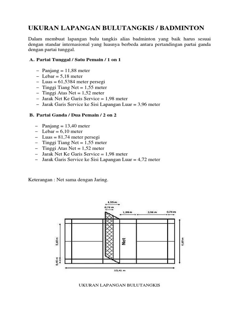 Berapa ukuran lapangan bulu tangkis standar nasional dan internasional? Ukuran Lapangan Bulutangkis Pdf