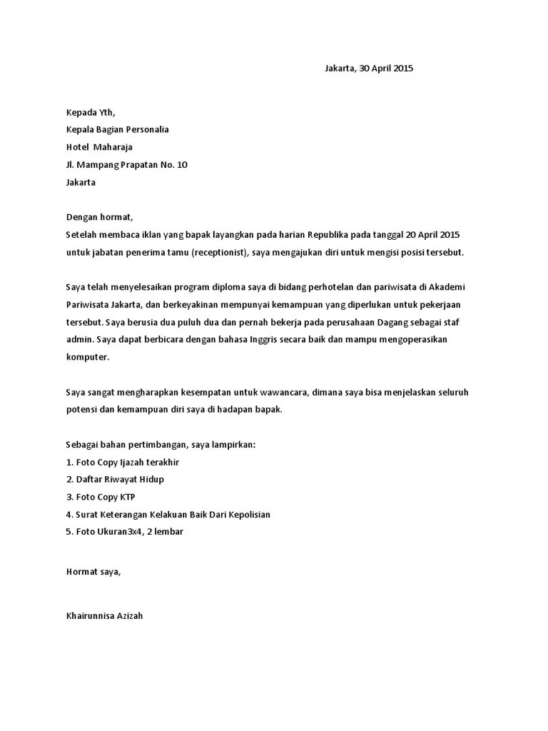 Kepada yth, kepala bagian personalia hotel malam indah jl. Contoh Surat Lamaran Kerja Hotel