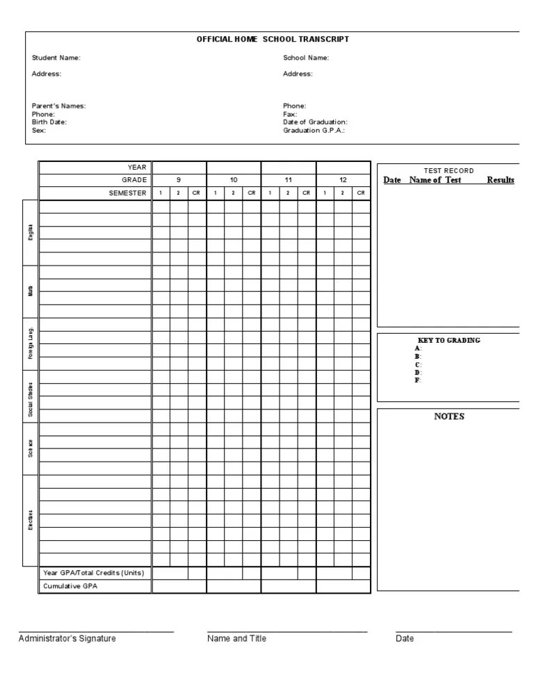 home school transcript template