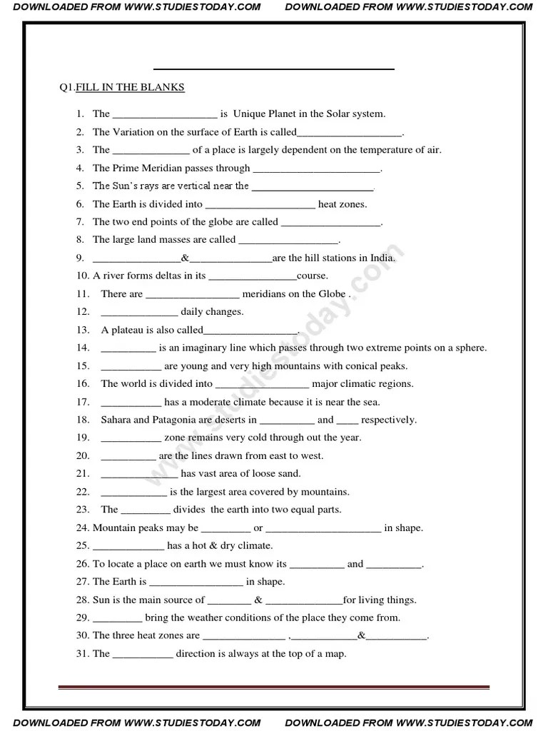 cbse class 5 social studies sst question bank pdf equator earth