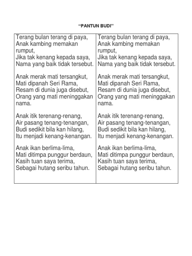 Pantun budi yang saya maksudkan berbunyi begini: Pantun Budi