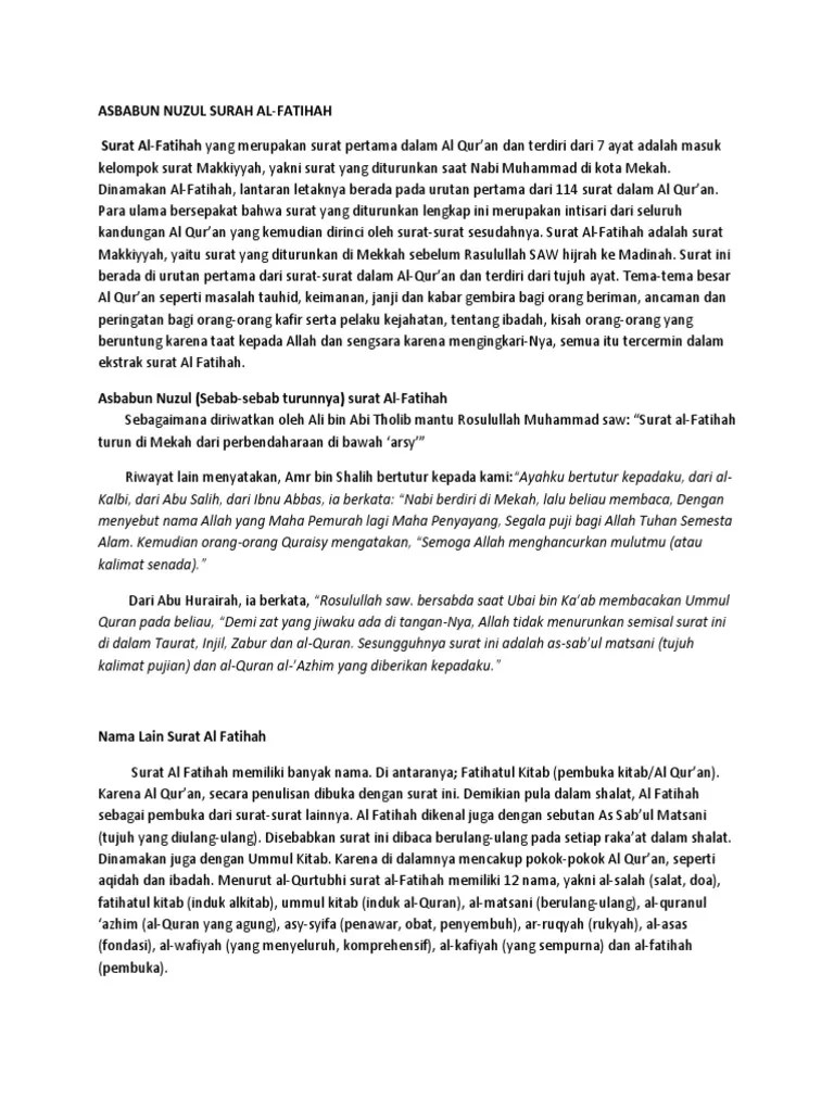 Asbabun Nuzul Surah Al Fatihah | PDF