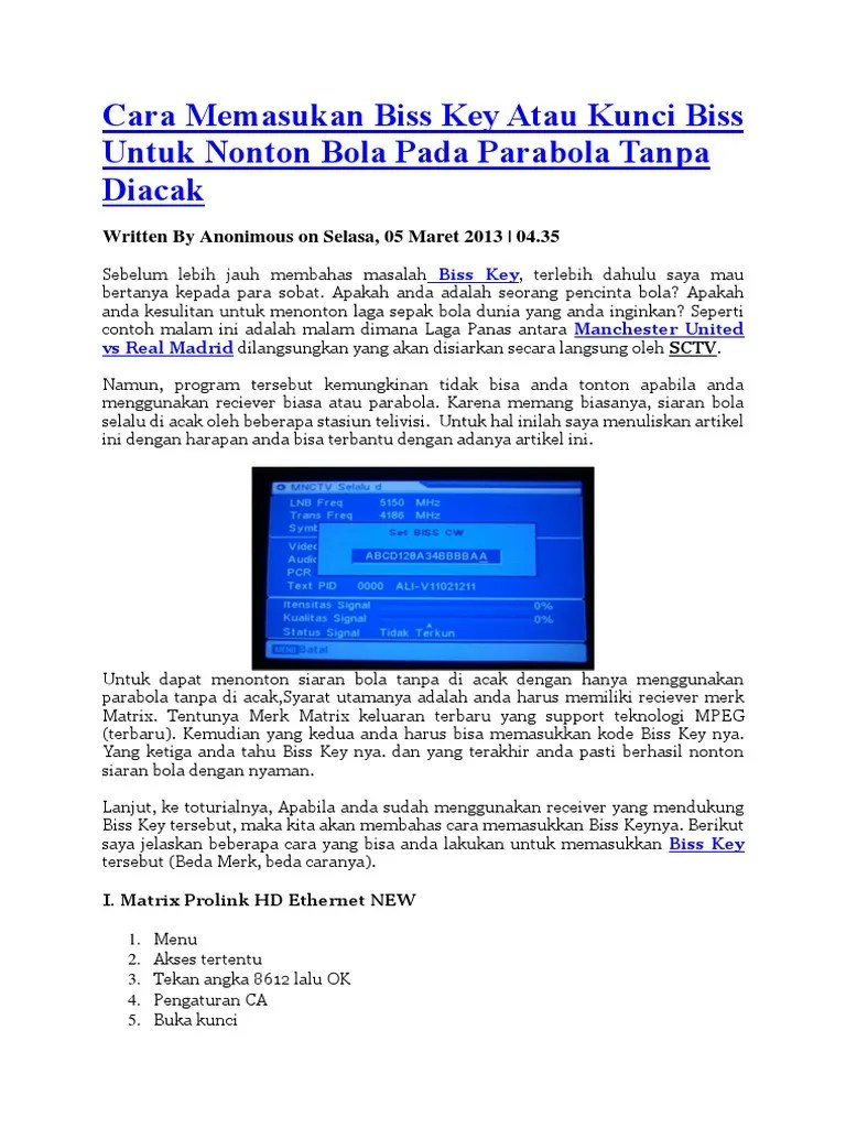 Cara Memasukan Biss Key Atau Kunci Biss Untuk Nonton Bola Pada Parabola  Tanpa Diacak | PDF