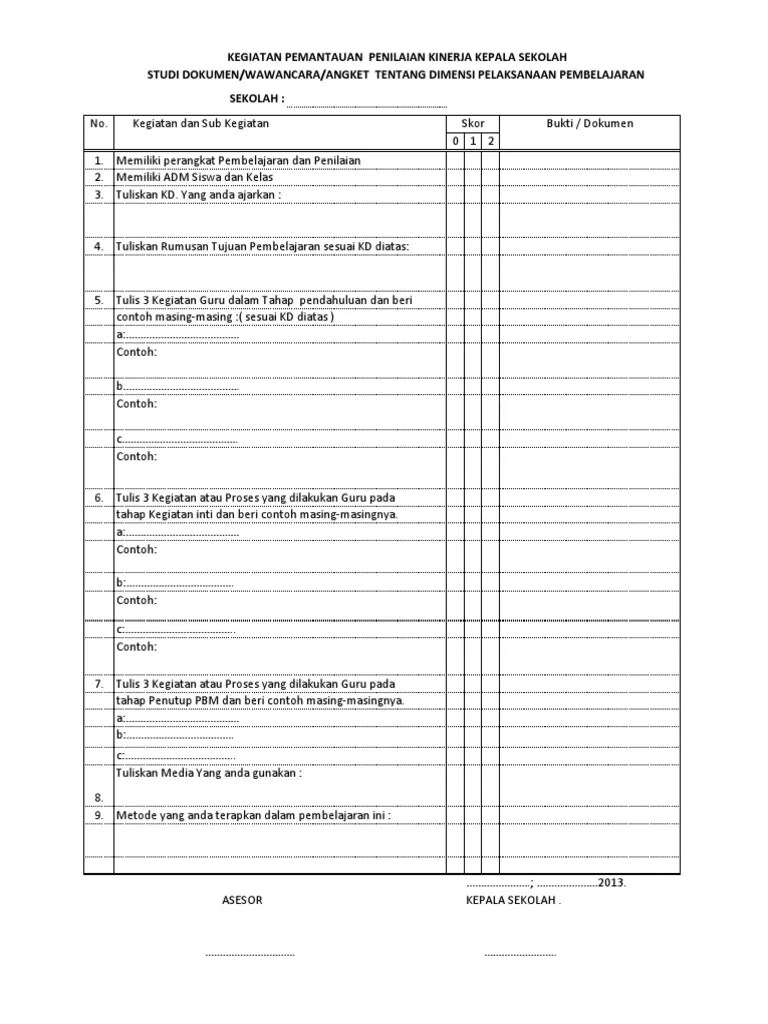 Penggunaan waktu kerja, dimana waktu kerja yang sesuai dengan sop. Angket Penunjang Penilaian Kinerja Kasek Pdf