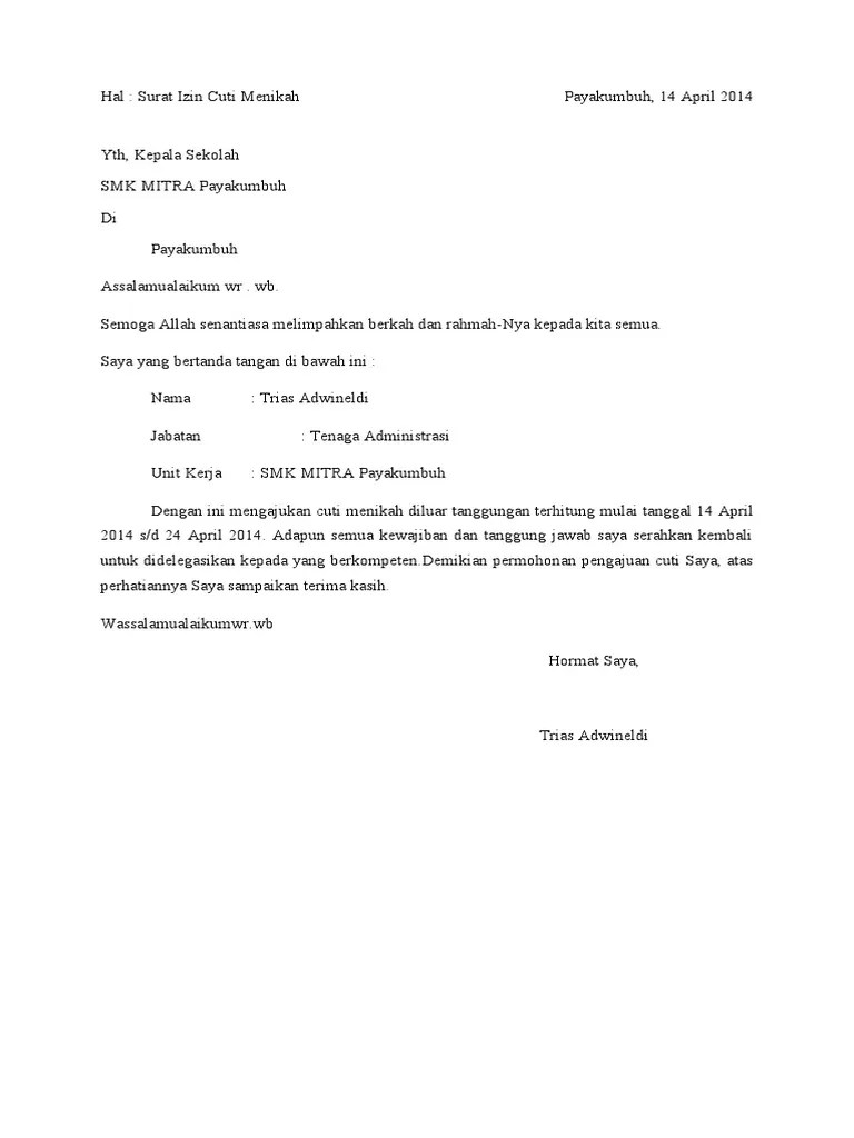 18 contoh surat izin cuti libur tidak masuk kerja bagi karyawan pns dan . Surat Cuti Menikah