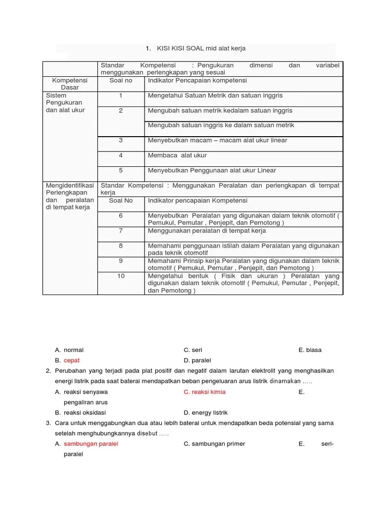 KISI KISI SOAL Mid Alat Kerja | PDF