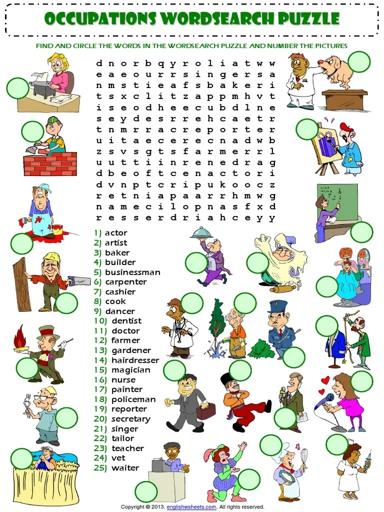 jobs occupations professions wordsearch puzzle vocabulary worksheet