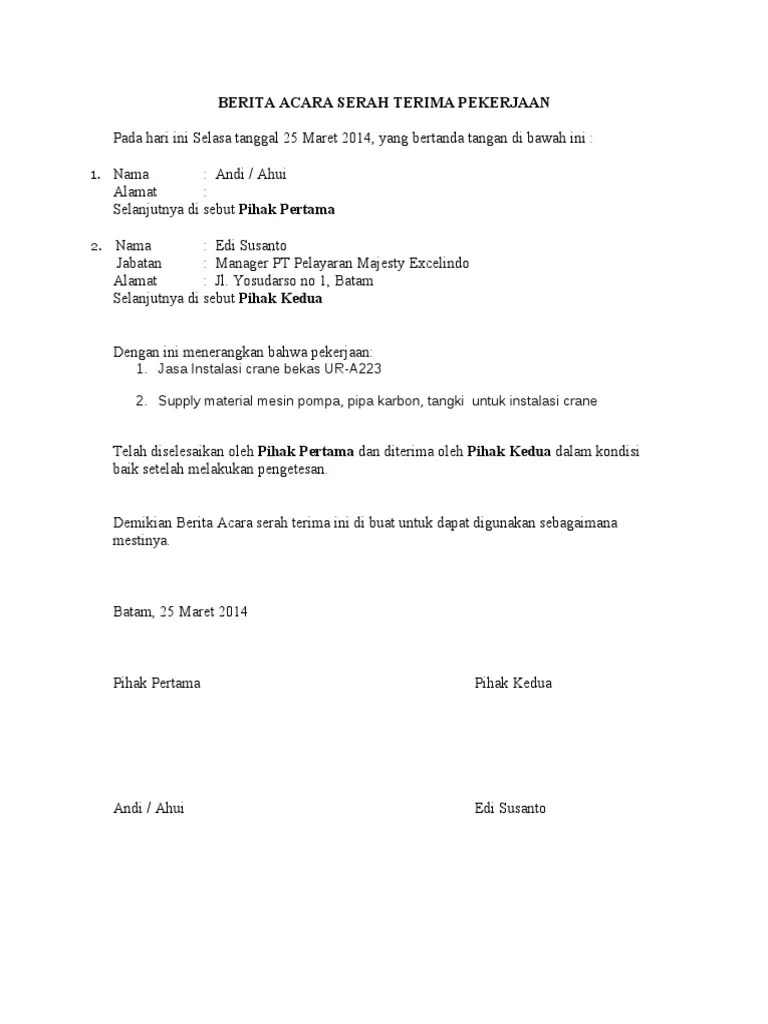 Berita Acara Serah Terima Pekerjaan Pekerjaan Pasang Crane | PDF