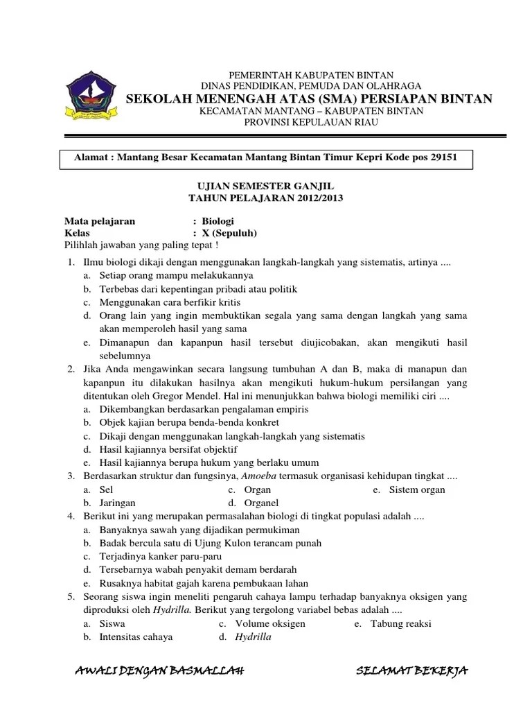 Silahkan pelajari soal latihan dan jawaban ukk (uas) atau penilaian akhir tahun (pat) sma kelas 10 (x) tahun 2022 tahun pelajaran 2021/2022 . Download Soal Uas Biologi Sma Kelas X Ganjil Revisi Id