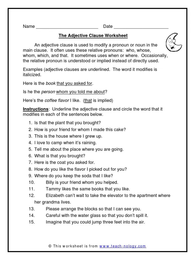 Find the adjective clause in the following sentences and tell which word . Clause 1 Pdf Adjective Clause