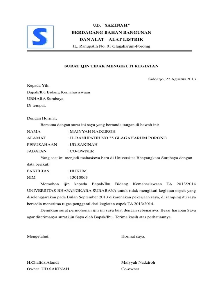 Yang bertanda tanga dibawah ini : Surat Ijin Tidak Mengikuti Kegiatan