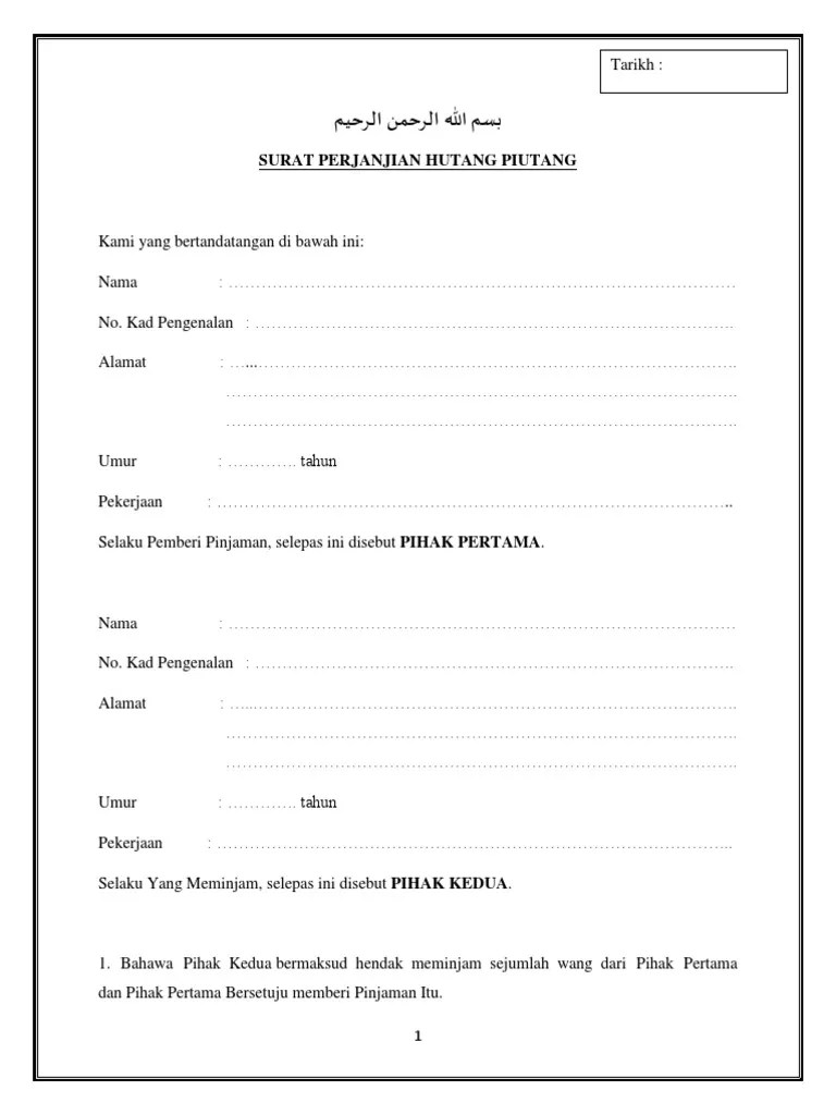 Ini contoh surat perjanjian yang korang boleh sediakan. Surat Perjanjian Hutang Piutang Pdf