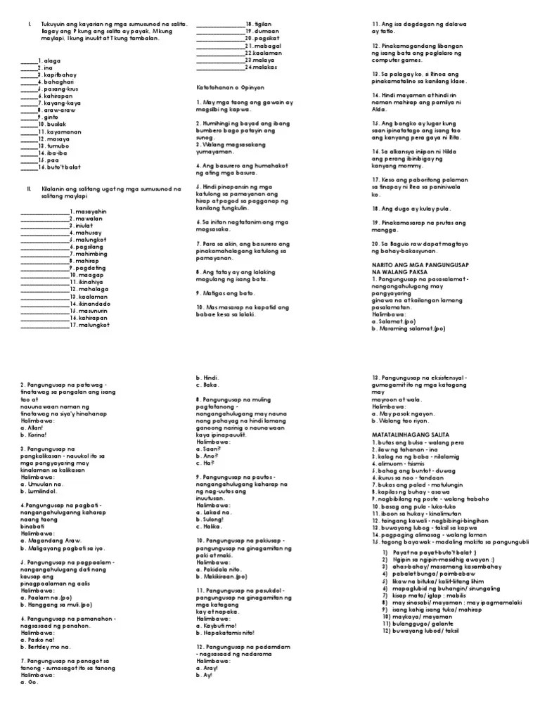 filipino worksheet on grade 5