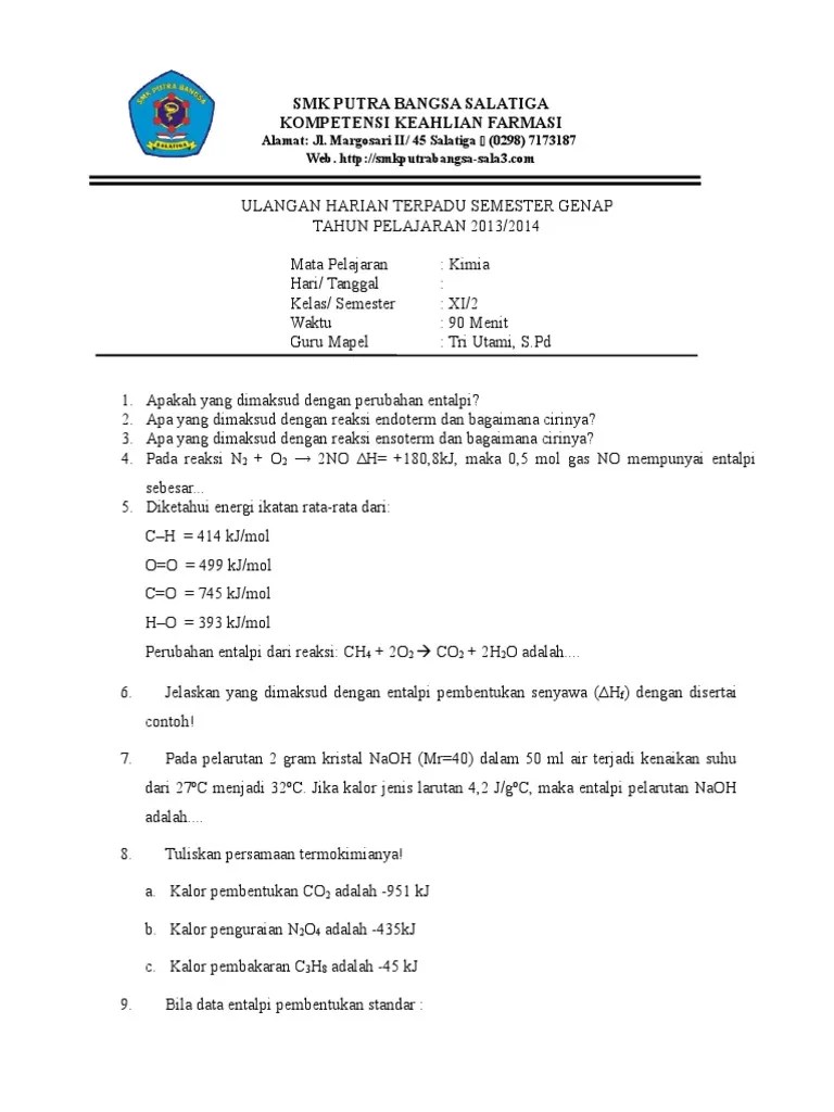 Soal Uts Kimia Kelas Xi SMK | PDF