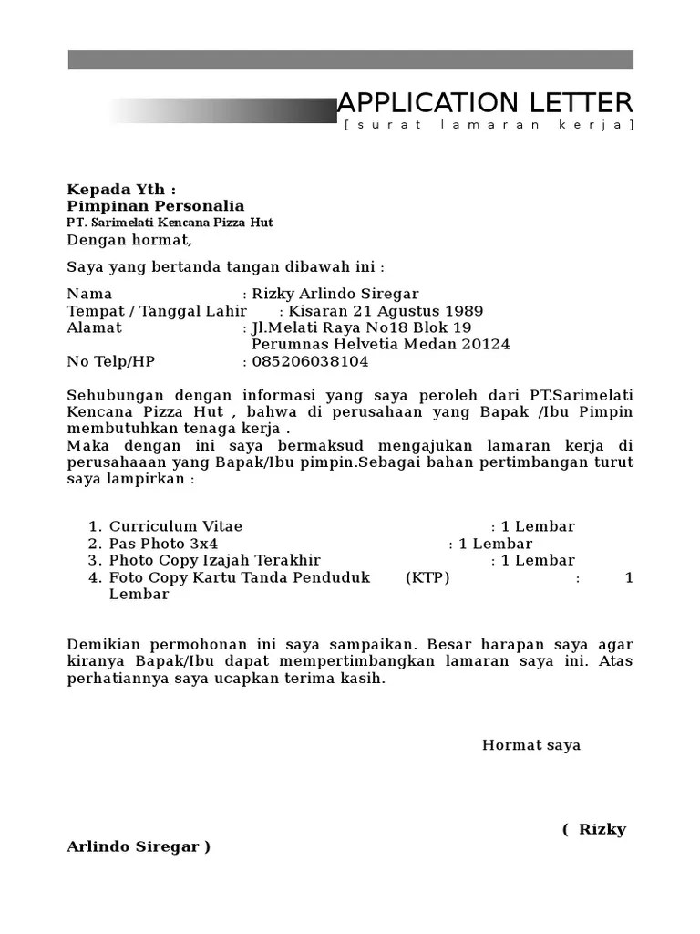 Surat Lamaran Kerja Pizza Hut ~ contoh surat lamaran