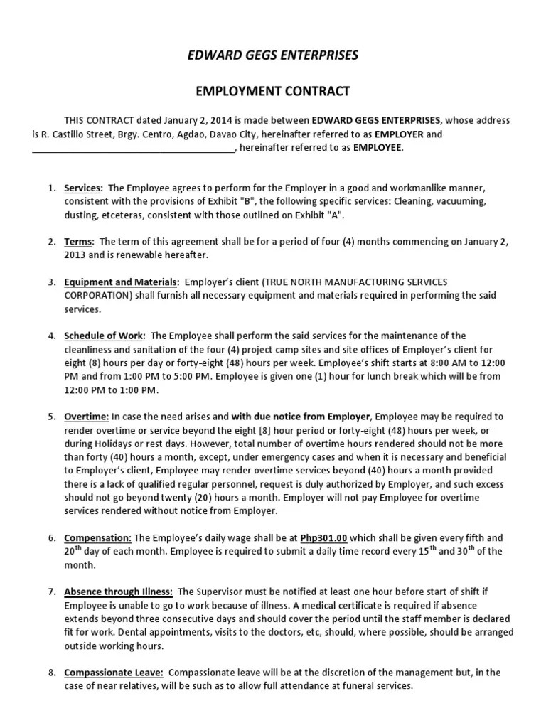 sample employment contract for janitorial services company overtime