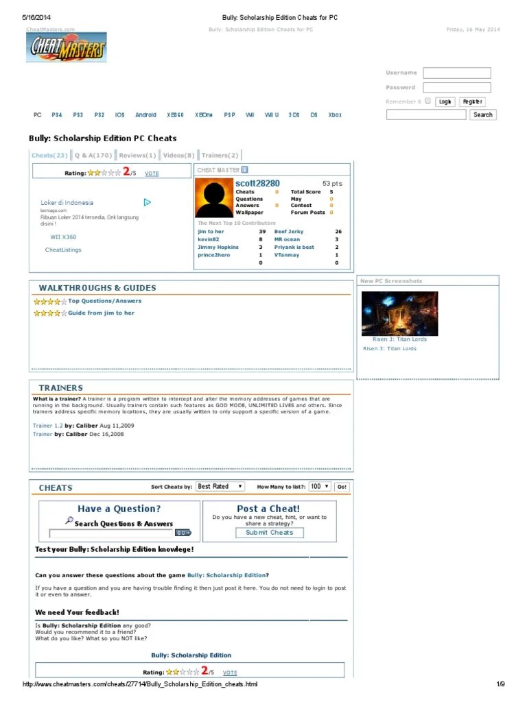 Trainers para bully scholarship edition. Bully Scholarship Edition Cheats For Pc Pdf Cheating In Video Games Leisure