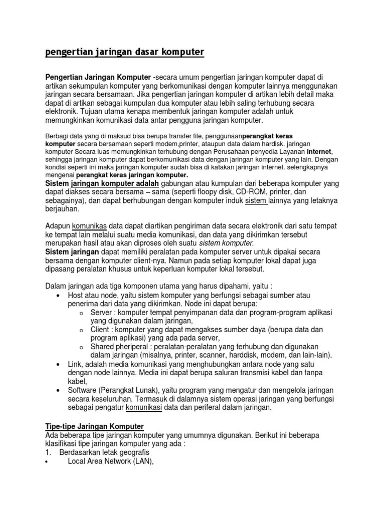 Pengertian Jaringan Dasar Komputer | PDF