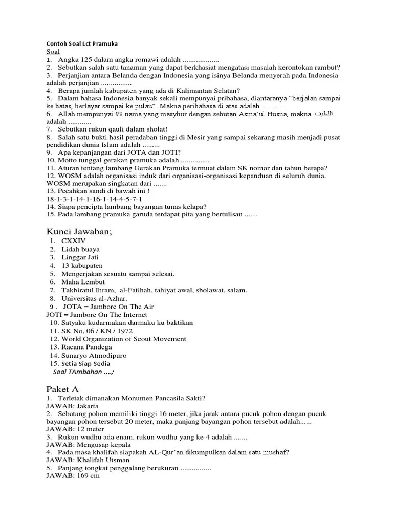 Tentunya dengan hal ini situs ini akan memberikan kelengkapan untuk anda bisa belajari langsung untuk materi. Soal Lct Pramuka Pdf