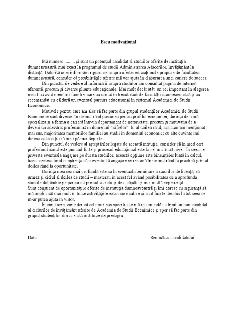 Un eseu în limba română, dacă opțiunile sunt pentru programe cu predare în limba . Eseu Motivational Pdf