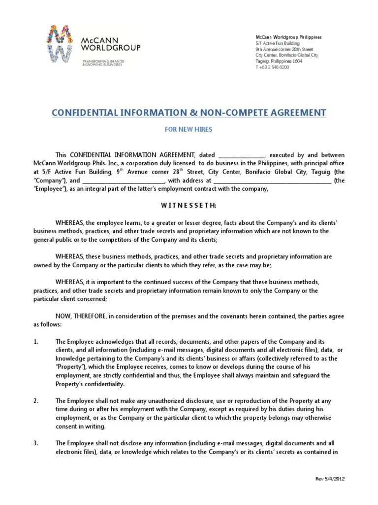 Protect your business with the right form. Sample Confidentialily Non Compete Agreement Pdf Confidentiality Trade Secret