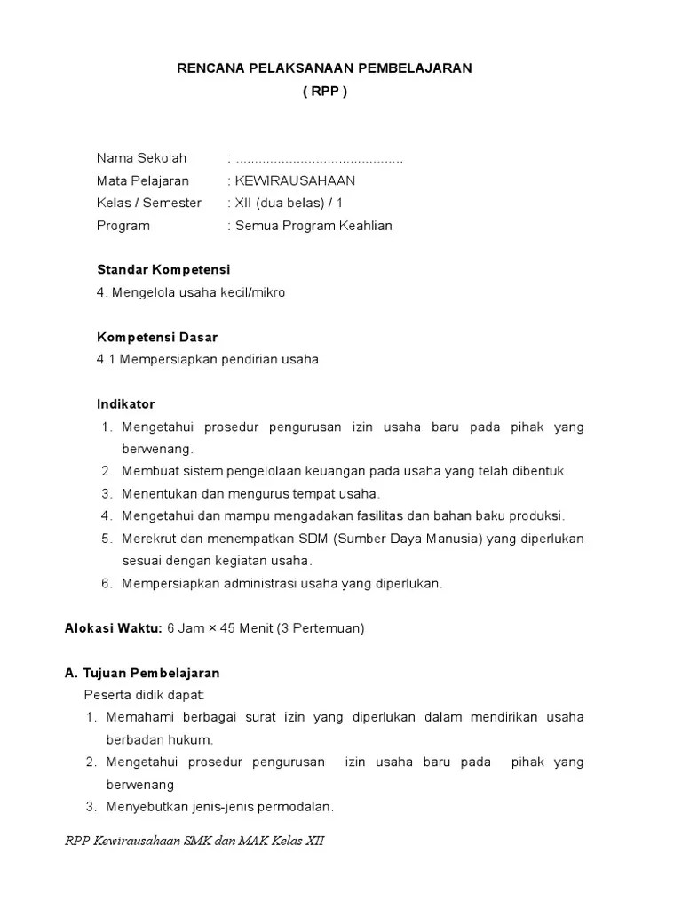 Rpp pkk kelas xi, unduh. Rpp Kewirausahaan Kelas 3 Smk Sma Ktsp Pdf