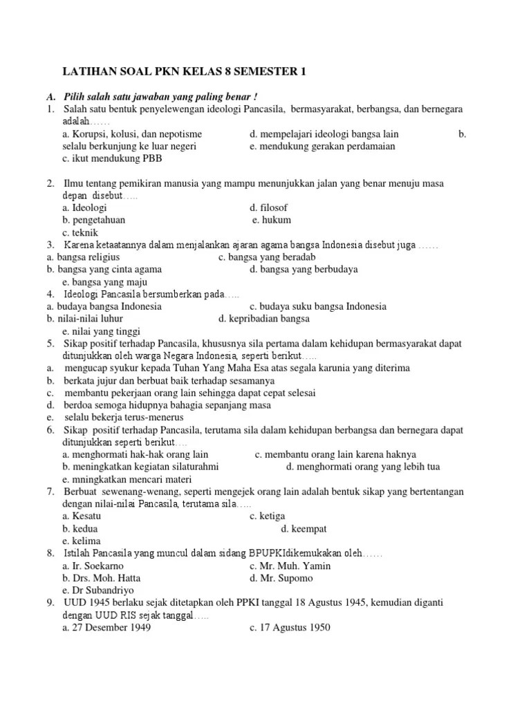 Mar 03 2021 soal uas 1 bahasa inggris kelas 8 smp mts kurikulum 2013. Latihan Soal Pkn Kelas 8 Semester 1 Pdf