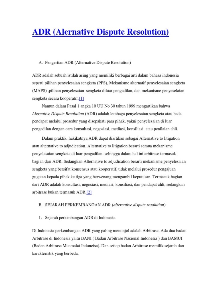 Alernative Dispute Resolution (ADR) Adalah Lembaga Penyelesaian Sengketa  Atau Beda | PDF